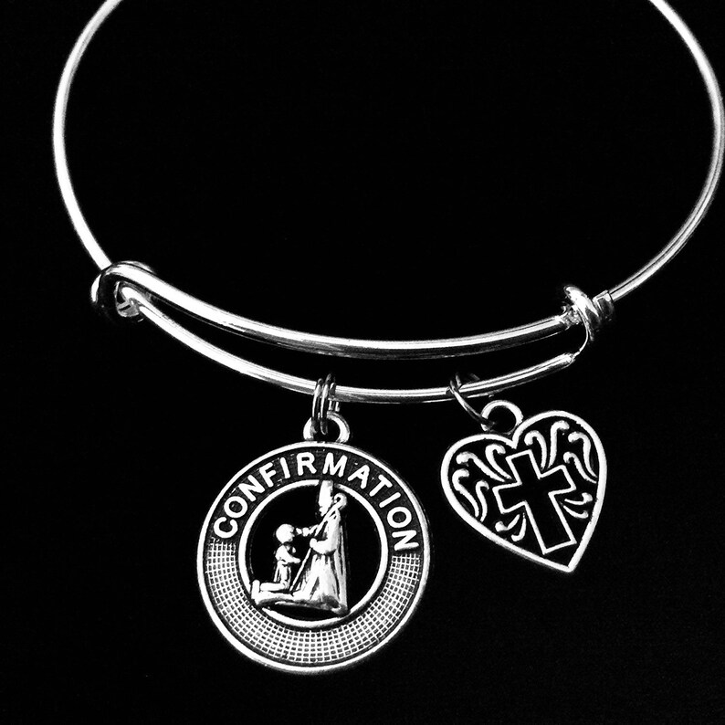Confirmation Gift for Girls Adjustable Bracelet Silver Filigree Heart Cross Gift Expandable Charm Wire Bangle Personalized