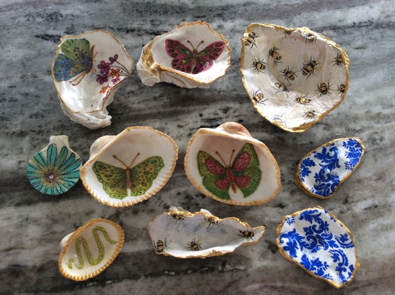 Sea Shell Jewelry Dish Trinket Dish Ring Dish Butterfly Hand Painted  Decoupage Oyster Shell Gold Leaf Paint Bee's