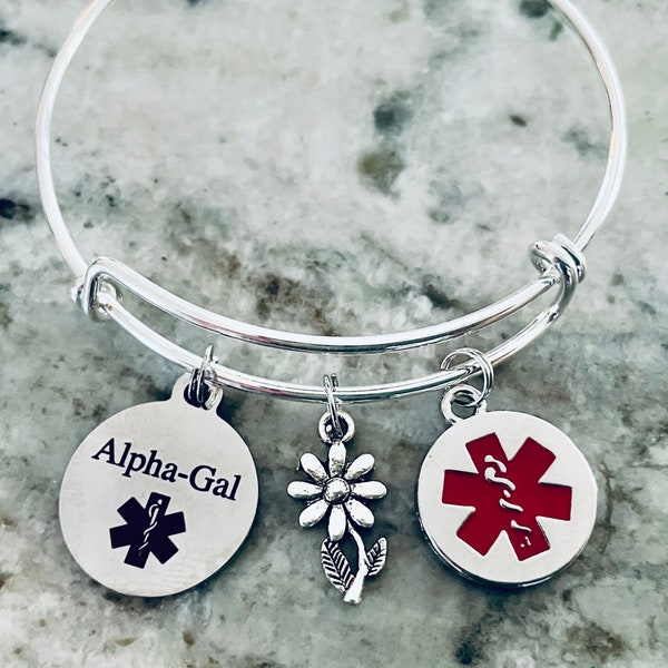 Medical Alert Bracelet Alpha-Gal Gift for Women Expandable Charm Bracelet Silver Adjustable One Size Fits All