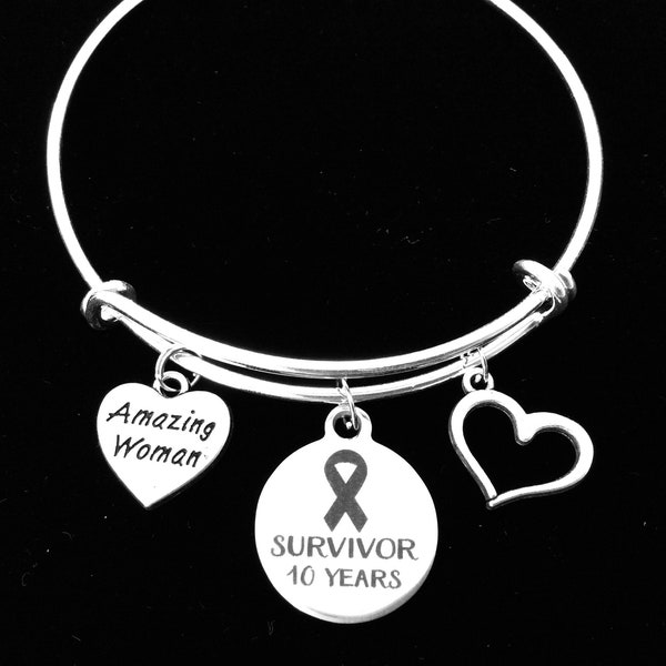 Amazing Women 10 Year (1, 2, 3, 4, 5, 6, Year Available) Cancer Survivor Charm Bracelet Silver Expandable Adjustable Bangle One Size Fits