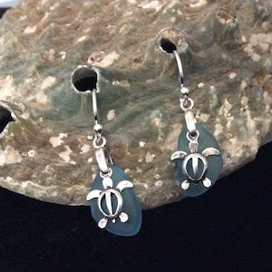 Sea Glass Earrings Turtle Sterling Silver Ear Wire Hook Seaglass Jewelry Nautical Earrings Beach Glass Handmade with Sterling Silver