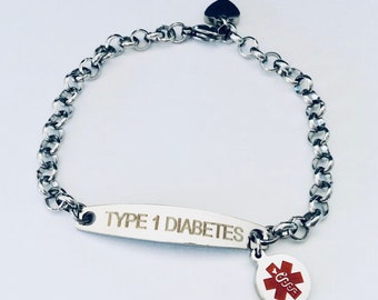 Type 1 or Type 2 Diabetic Gift for Women Stainless Steel Charm Bracelet Silver Diabetic Medical Alert Bracelet