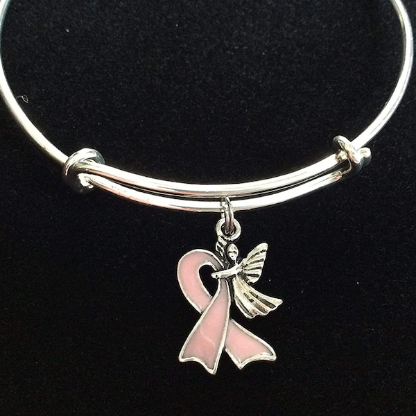 Pink Ribbon Guardian Angel Gift Adjustable Bracelet Expandable Charm Bangle Gift Breast Cancer Awareness One Size Fits All Gift