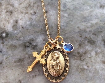 Saint Anthony Necklace Gold Plated Stainless Steel Birthstone Jewelry Catholic Medal Patron Saint of Miracles