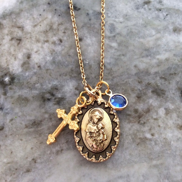 Saint Anthony Necklace Gold Plated Stainless Steel Birthstone Jewelry Catholic Medal Patron Saint of Miracles