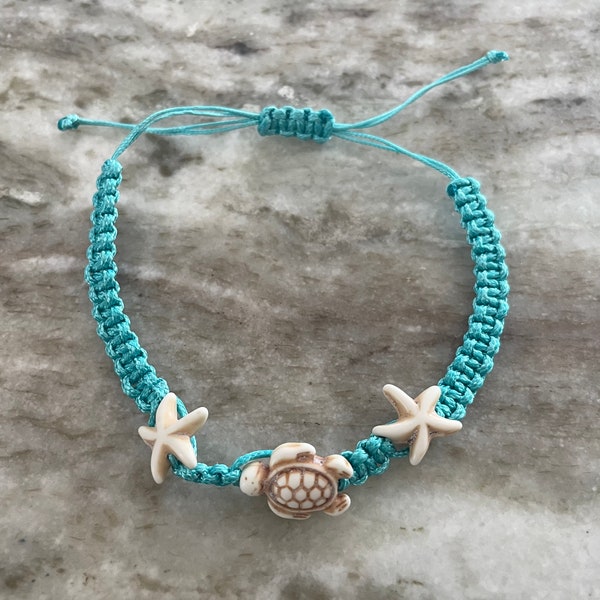 Turtle and Starfish Anklet Turquoise Nautical Anklet Star Fish Jewelry One Size Fits All Adjustable Braided Anklet