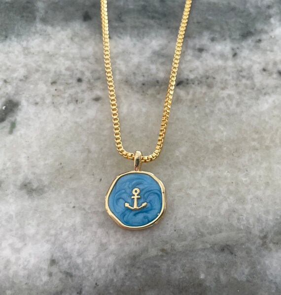 Gold Blue Anchor Necklace Nautical Necklace Nautical Jewelry