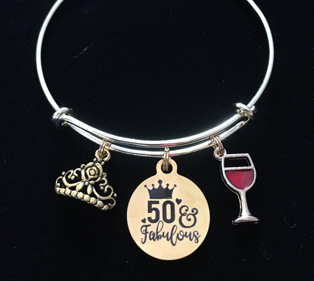 Gold 50 and Fabulous Women's 50th Birthday Gift for Women Gold Expandable Charm Bracelet Wine