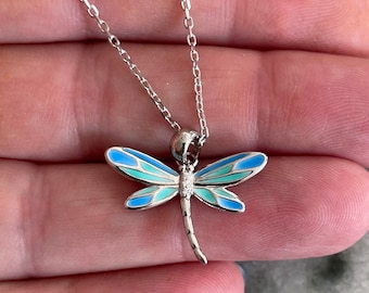 Blue Dragonfly Necklace 925 Sterling Silver Delicate Dragonfly Pendant Jewelry Dragonflies Necklace