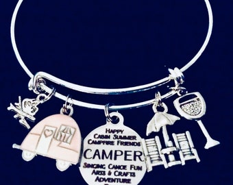 Love to Camp Relaxing at Camp Happy Camper Jewelry Camping Adjustable Bracelet Expandable Silver Charm Bangle One Size Fits All