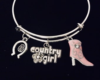 Country Girl Expandable Charm Bracelet Good Luck Pink Cowboy Boots Cowgirl Country Themed Jewelry One Size Fits All