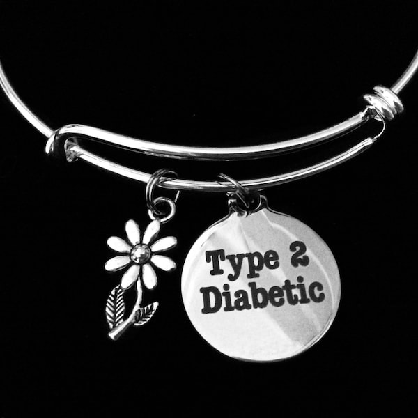 Type 1 or Type 2 Diabetic Gift for Women Expandable Charm Bracelet Silver Adjustable Wire Bangle One Size Fits All Medical Alert Bracelet