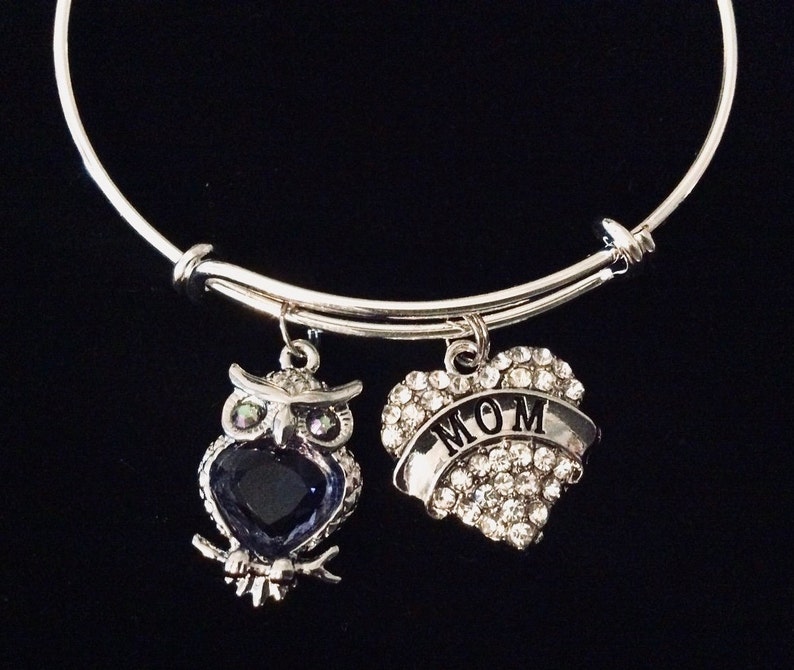Gift for Mom Expandable Charm Bracelet Silver Adjustable One Size Fits All Mother/'s Day Gift Swarowski Crystal Owl