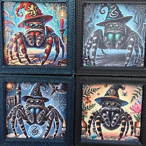 May include: Four square framed images of cartoon spiders wearing witch hats. Each spider has a different coloured hat and background. The first spider has a red hat with a lion emblem, the second has a green hat with a snake emblem, the third has a blue hat with a swirl emblem, and the fourth has a black hat with a skull and crossbones emblem.