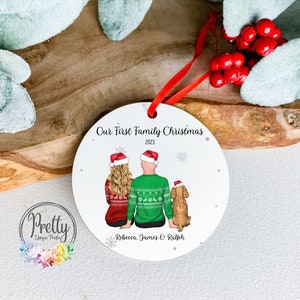 First Family Christmas Bauble, Personalised Couple and Dog Ceramic Bauble, Couple Christmas Gift