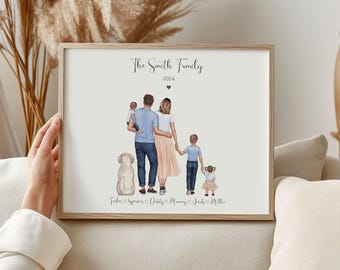 May include: A framed family portrait with the text "The Smith Family 2024". The illustration depicts a family of five, including a dog, standing together. The frame is a light brown color.