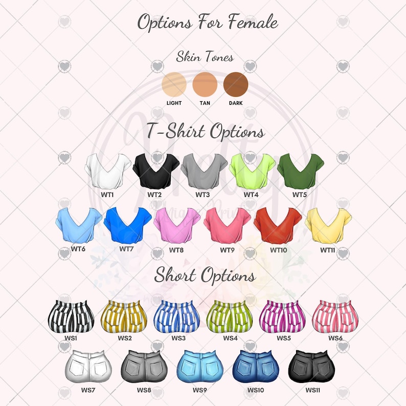 a women's crop top with different colors and sizes