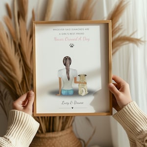 May include: A framed print with the text "WHOEVER SAID DIAMONDS ARE A GIRL'S BEST FRIEND Never Owned A Dog." The illustration depicts a person with a dog. The names "Lucy & Bruno" are printed at the bottom.