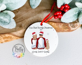 First Family Christmas Bauble, Personalised Couple and Dog Ceramic Bauble, Couple Christmas Gift