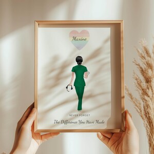 May include: A framed print featuring a healthcare worker in green scrubs, holding a stethoscope and a notepad. A rainbow heart with the name "Maxine" is above the figure. The text "NEVER FORGET The Difference You Have Made" is below the figure.