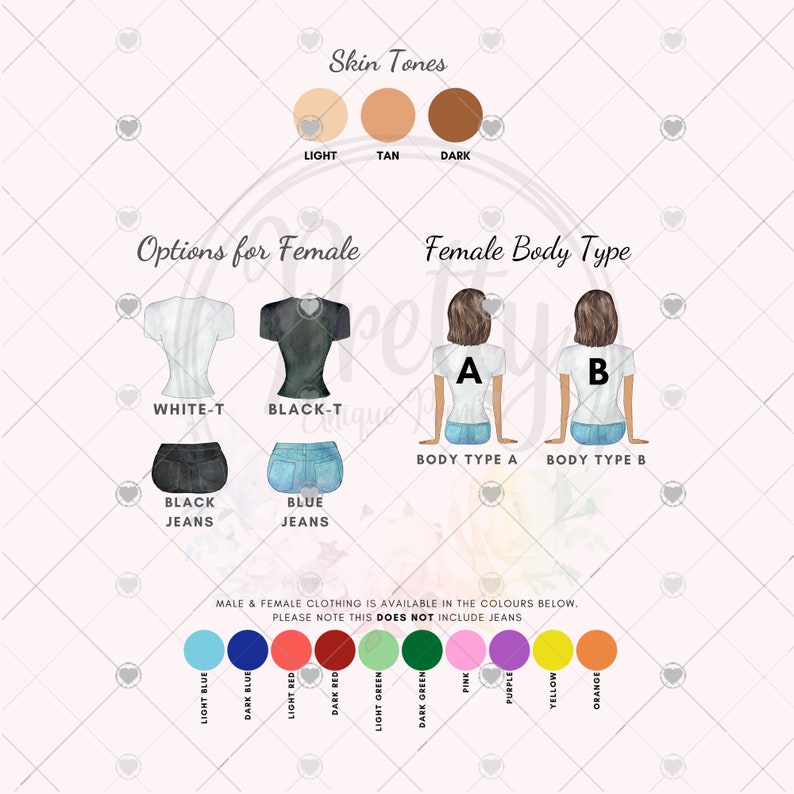 May include: An illustration showcasing options for female clothing, including white and black t-shirts, and black and blue jeans. The image also displays skin tone options and color swatches for clothing. Text includes "Skin Tones", "Options for Female", and "Female Body Type".
