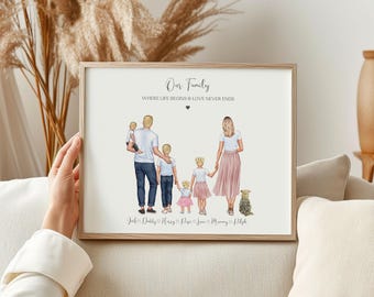 Puede incluir: Un retrato familiar enmarcado con un marco de madera clara. La obra de arte representa a una familia de seis con un perro. El texto "Our Family" y "WHERE LIFE BEGINS & LOVE NEVER ENDS" están en la parte superior. Los nombres están en la parte inferior.