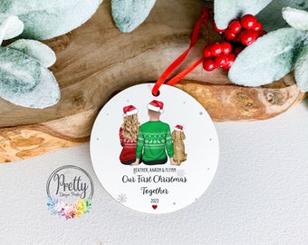 Our First Christmas Together Decoration, Personalised Couple and Dog Ceramic Bauble, Couple Christmas Gift