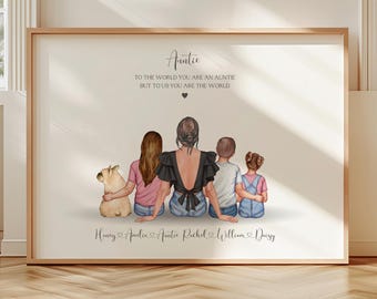 Könnte beinhalten: Ein gerahmter Druck mit einer Familienillustration. Es zeigt eine Frau und drei Kinder sowie einen Hund, die zusammen sitzen. Der Text lautet: "Tante, Für die Welt bist du eine Tante, aber für uns bist du die Welt."
