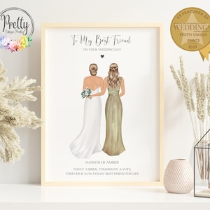 Può includere: Stampa incorniciata con due donne in abito da sposa, il testo recita "To My Best Friend" e "Today a Bride, Tomorrow a Wife, Forever & Always My Best Friend for Life." La stampa è in una cornice di legno chiaro.