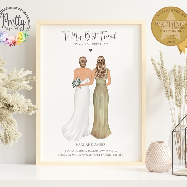 Gift For Best Friend On Her Wedding Day, Best Friend Wedding Gift, Personalised Bride and Bridesmaid print, Wedding Keepsake, Q6