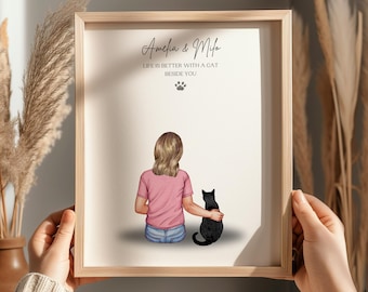Personalised Girl and Cat Print, Custom Child and Pet Cat Portrait, Personalised Children’s Wall Art, Gift for Cat Lover