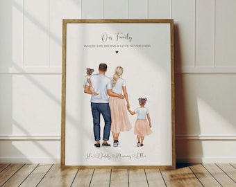 Puede incluir: Retrato familiar enmarcado con un marco de madera clara. La obra de arte representa a una familia de cuatro: un padre sosteniendo a un niño, una madre y una hija. El texto "Our Family" y "Where life begins & love never ends" están en la parte superior. Nombres en la parte inferior.