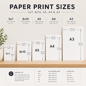 The image provides a visual guide to the sizes of various paper print sizes, including 5x7, 8x10, A5, A4, and A3. It lists the corresponding millimeters (mm) for each size, ranging from 5x7 to 5x10, and from A5 to A3. The image also includes a helpful tip that A5 is a standard letter size, and that 5x7 and 5x8 are common photo print sizes.