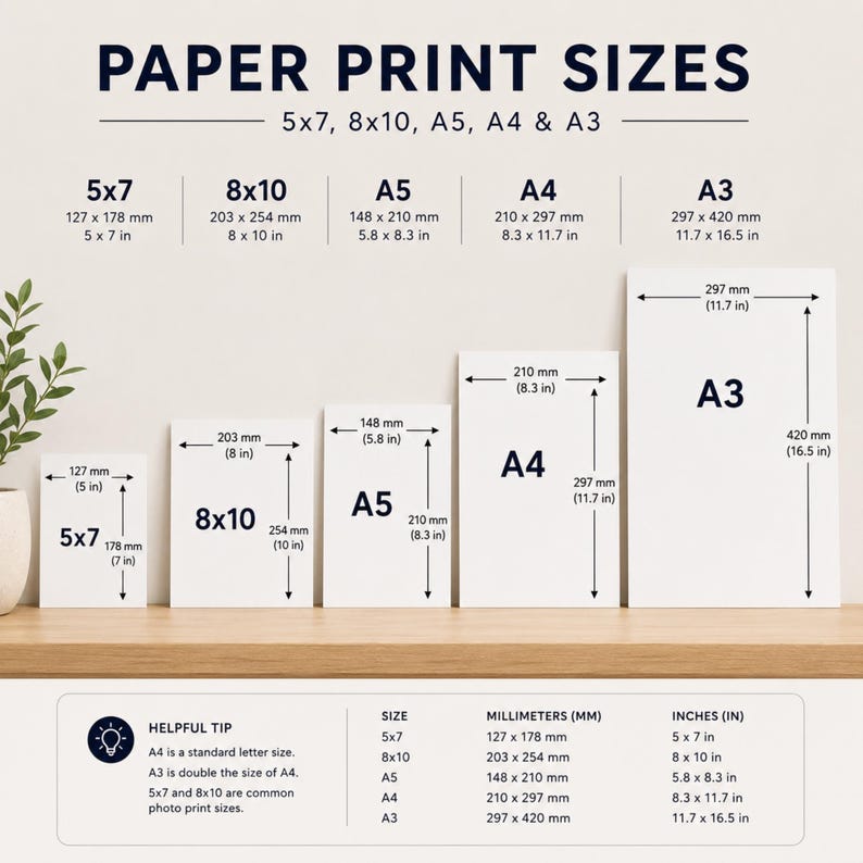 The image provides a visual guide to the sizes of various paper print sizes, including 5x7, 8x10, A5, A4, and A3. It lists the corresponding millimeters (mm) for each size, ranging from 5x7 to 5x10, and from A5 to A3. The image also includes a helpful tip that A5 is a standard letter size, and that 5x7 and 5x8 are common photo print sizes.
