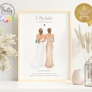 May include: A framed art print depicting two women in wedding dresses. The text reads "To My Sister on Your Wedding Day." The print includes the names "Elouise & Jessica" and the phrase "Today a Bride, Tomorrow a Wife, Forever My Sister & Best Friend for Life."