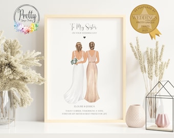 Puede incluir: Impresión artística enmarcada con dos mujeres con vestidos de novia. El texto dice "A mi hermana en tu día de boda". La impresión incluye los nombres "Elouise & Jessica" y la frase "Hoy una novia, mañana una esposa, para siempre mi hermana y mejor amiga".