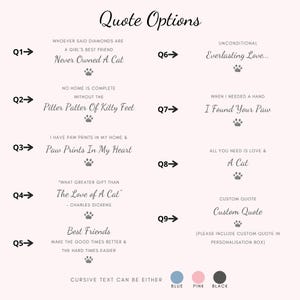May include: A light pink background with text options for custom quotes. The text includes phrases about cats and friendship, with paw print icons. Color options for the cursive text are blue, pink, and black.