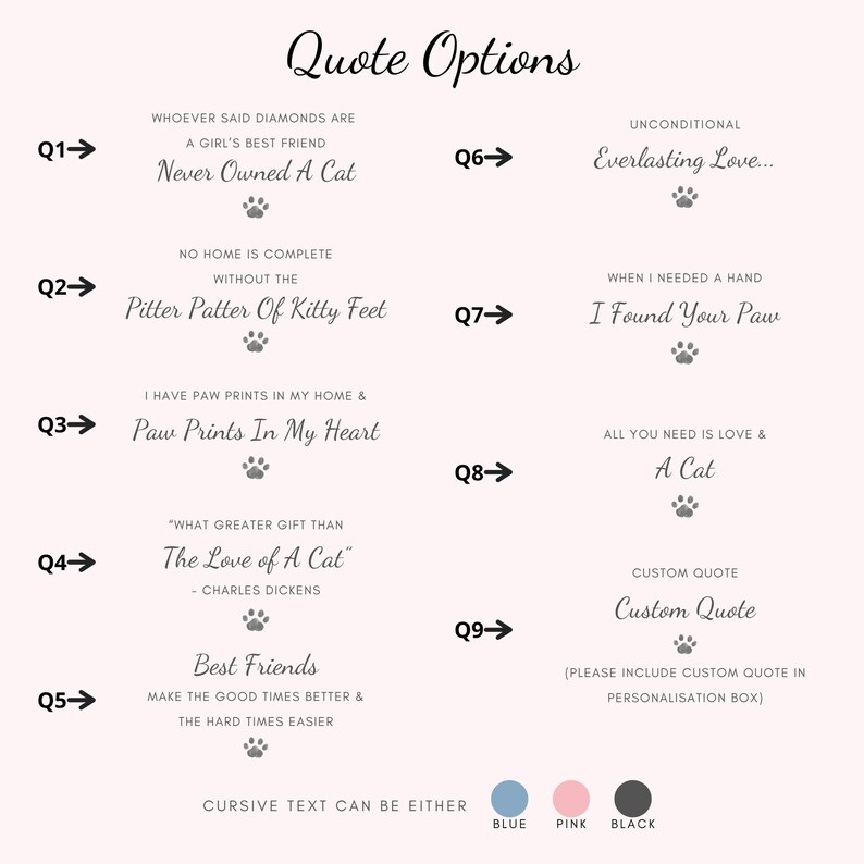 May include: A light pink background with text options for custom quotes. The text includes phrases about cats and friendship, with paw print icons. Color options for the cursive text are blue, pink, and black.