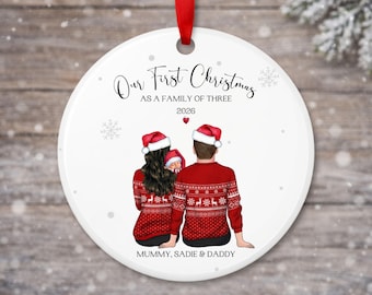 First Christmas As A Family Of Three Bauble, Personalised New Parent Christmas Gift, New Baby Bauble