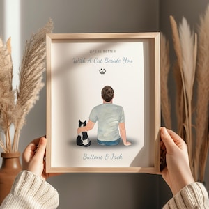 Personalised Gift For Cat Dad, Cat and Owner Print, Cat Lover Gifts, Cat Dad Birthday Gift, Man and His Cat Print