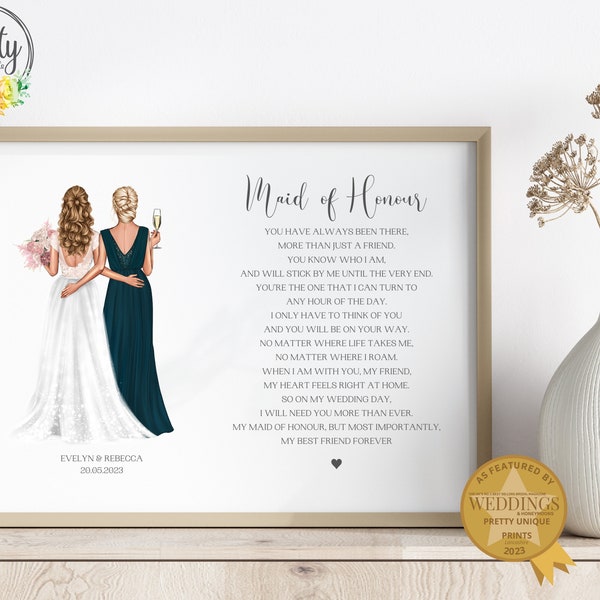 Gift For Maid Of Honour, Personalised Bride and Maid of Honour Print, Wedding Keepsake, Gift For Her, Q2