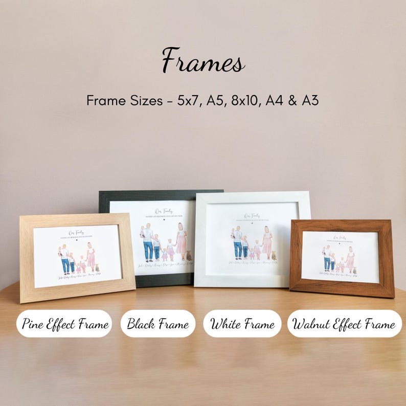 May include: An assortment of framed family portraits in various sizes, including 5x7, A5, 8x10, A4, and A3. The frames are available in pine effect, black, white, and walnut effect finishes. The image features the word "Frames".