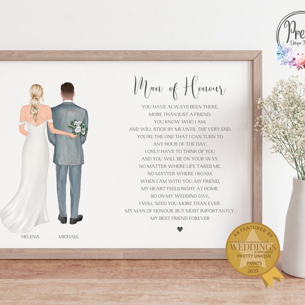 Man Of Honour Gift from Bride, Bridesman Gift, Personalised Wedding Print, Gift for Man Of Honour, Wedding Morning Gift