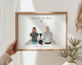 Dog Memorial Print, Personalised Family Dog Portrait, Pet Remembrance Gift, Couple and Dog Memorial Gift, Loss of Pet Present