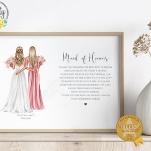 Maid Of Honor Print, Maid of Honour Gifts, Personalised Maid of Honour Print, Gift From Bride on Wedding Day, Wedding Keepsake Present, Q1