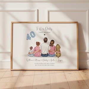 May include: A framed print featuring an illustration of a father with three children and a dog, all seen from behind. The text reads To Our Daddy, Happy Birthday, the names William, Maisie, Daddy, Amelia, Jasper, and a quote about being the world.