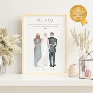 Peut inclure: Impression encadrée avec l'inscription « Maman et Papa » et un message de remerciement. L'illustration représente une mariée en robe blanche et voile, entourée de ses parents. Le cadre est en bois clair.