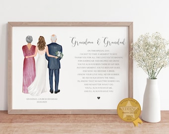 Puede incluir: Una impresión enmarcada con una ilustración de una novia y sus padres, con un poema dedicado a los abuelos. El texto dice "Grandma & Grandad". Un jarrón de flores blancas está a la derecha. La impresión está etiquetada como "As Featured by Weddings, Pretty Unique Prints 2023."
