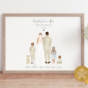 Family Wedding Print, Family Wedding Portrait, Mr And Mrs Wedding Gift, Wedding Print With Children And Pets, Family Wedding Gift image 1