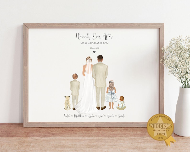 Family Wedding Print, Family Wedding Portrait, Mr And Mrs Wedding Gift, Wedding Print With Children And Pets, Family Wedding Gift image 1